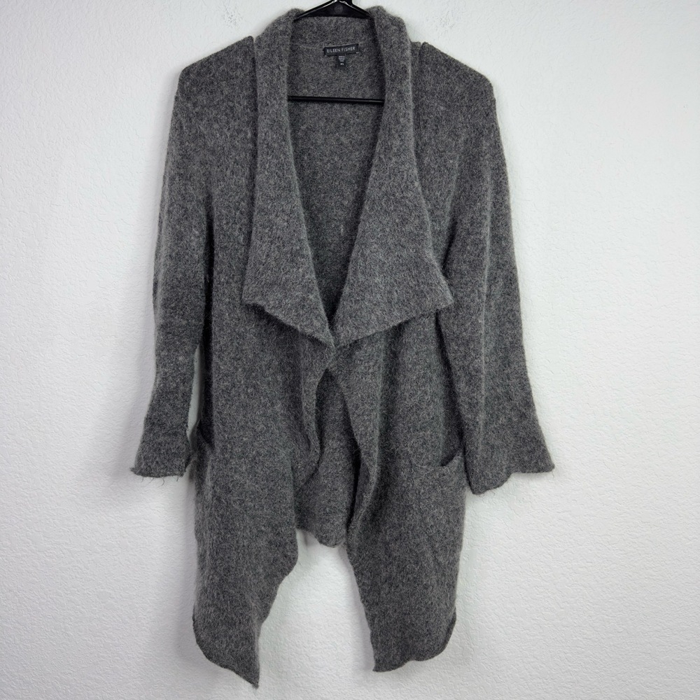 Eileen Fisher Cardigan Womens‎ XS Gray Superkid Mohair Knit Draped Open Front